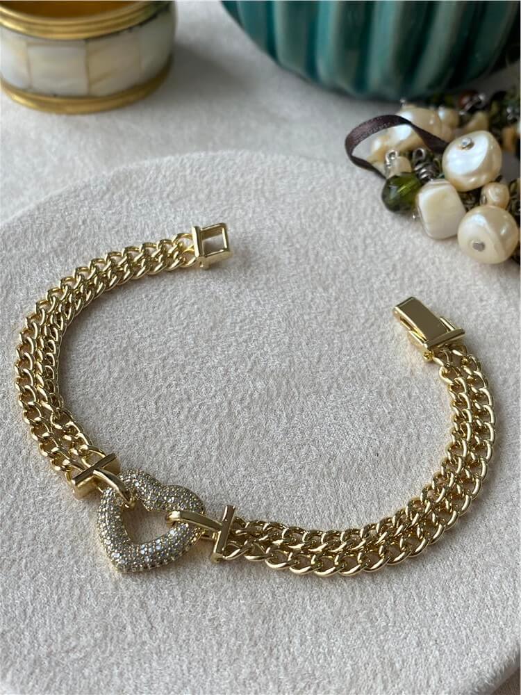 VIP 14K Kalp Detaylı Çift Zincir Bileklik