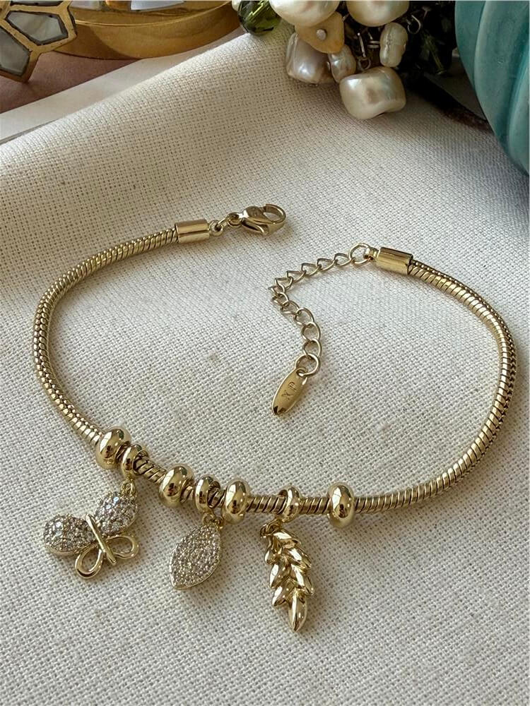 VIP 14K Kelebek ve Yaprak Charmlı Bileklik