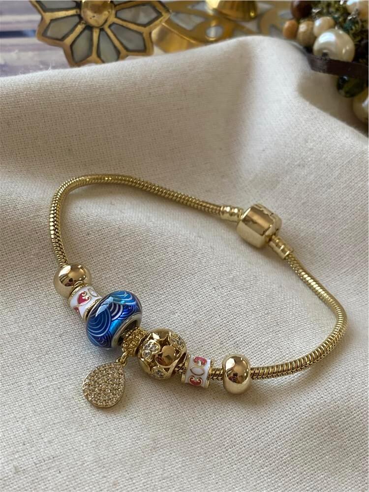 VIP 14K Mavi Taşlı Damla Charmlı Klipsli Bileklik