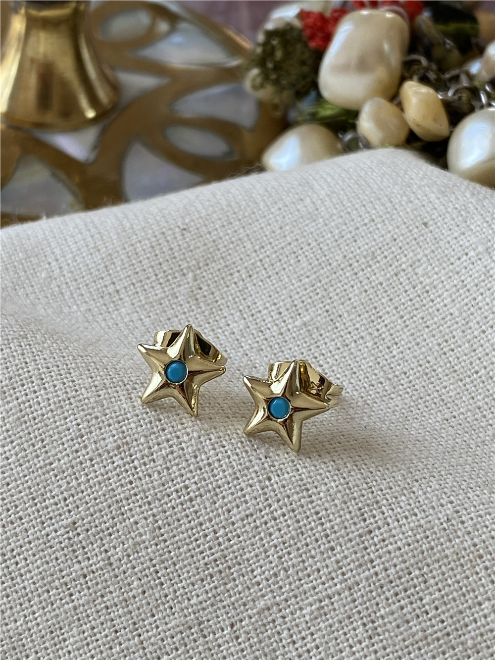 VIP 14K Mavi Taşlı Mini Yıldız Küpe
