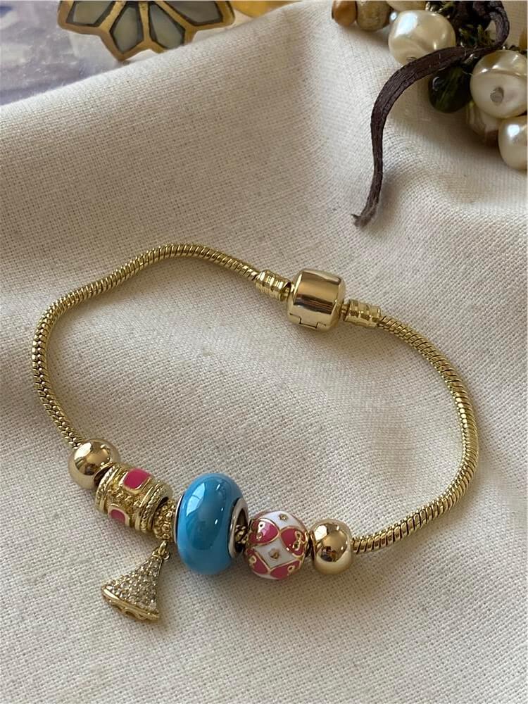 VIP 14K Mavi Taşlı Üçgen Charmlı Klipsli Bileklik