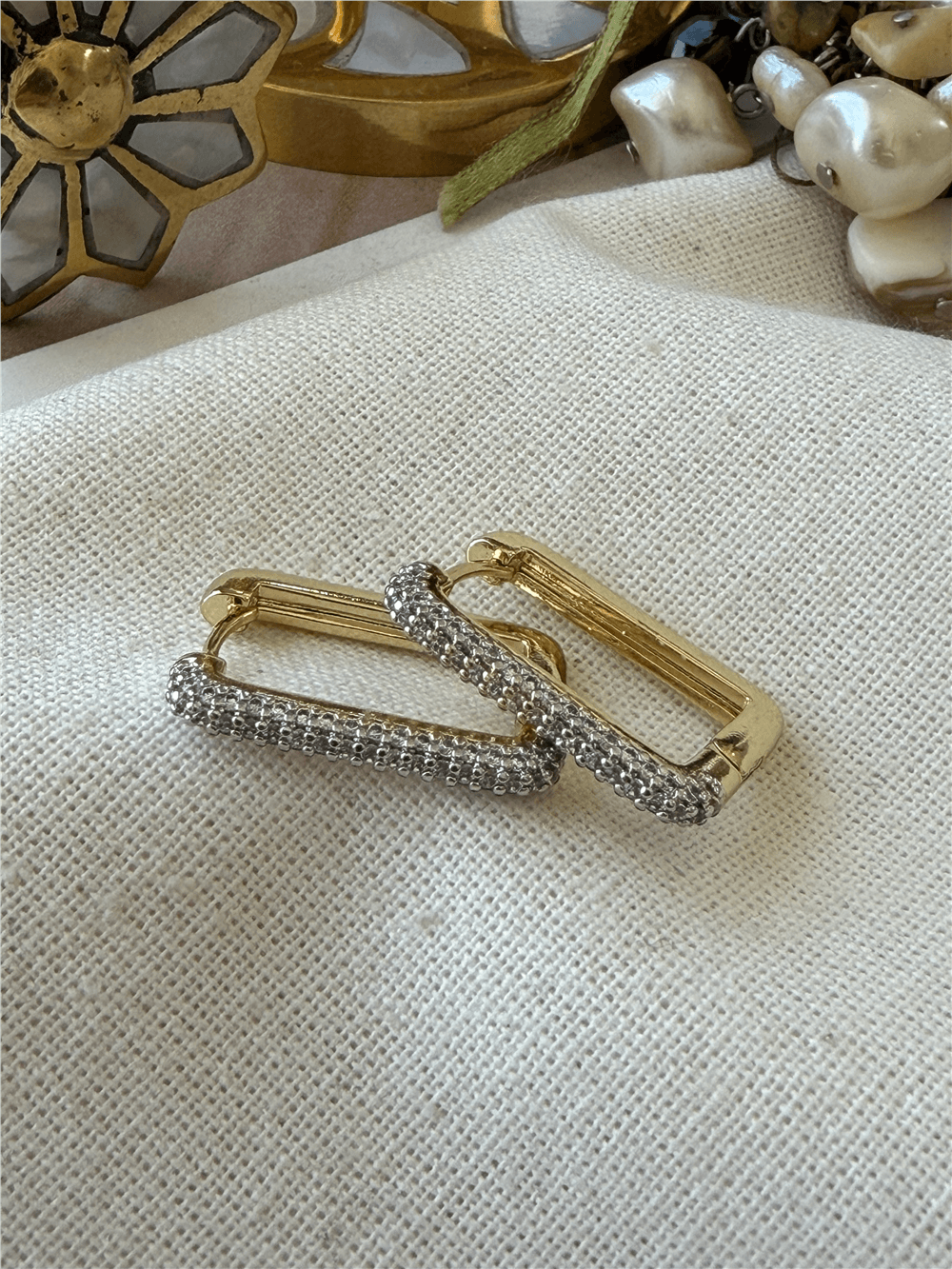 VIP 14K Silver Taşlı Dikdörtgen Küpe