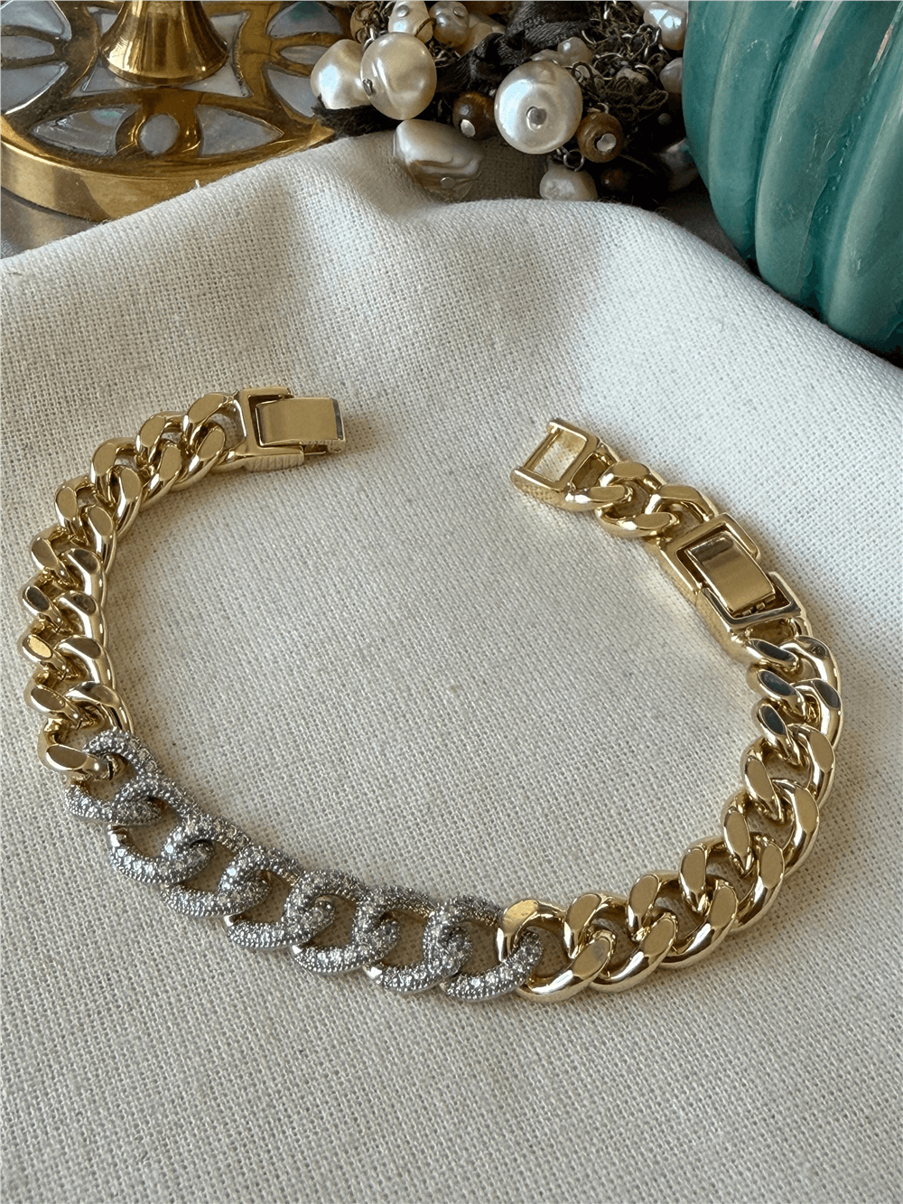 VIP 14K Silver Taşlı Kalın Zincir Bileklik