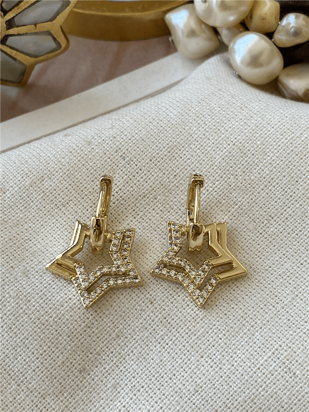 VIP 14K Taşlı Çift Yıldız Küpe