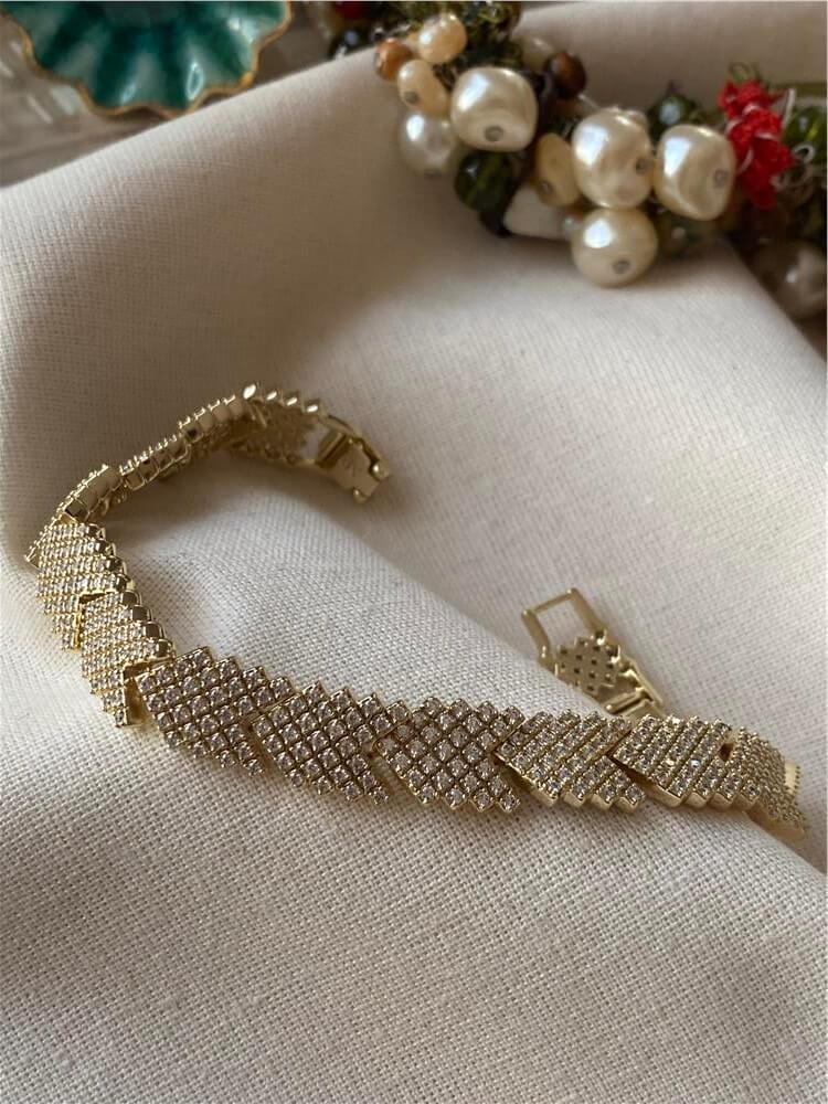 VIP 14K Taşlı Geniş Arrow Örme Bileklik