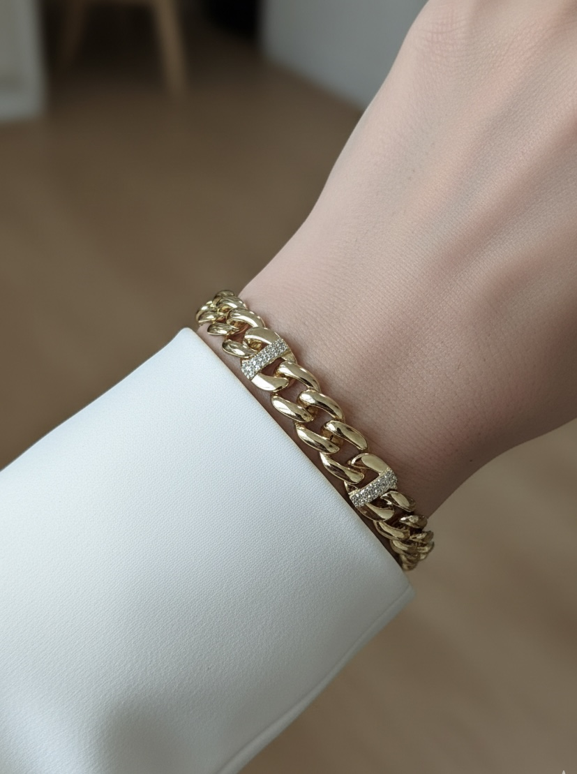 VIP 14K Taşlı Hat Detaylı Zincir Bileklik