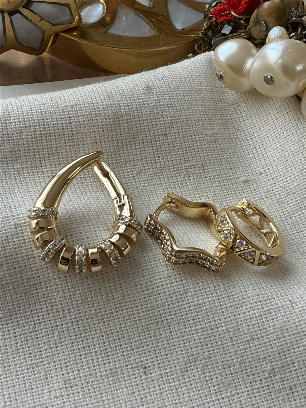 VIP 14K Üçlü Taşlı Karışık Şekiller Küpe Seti