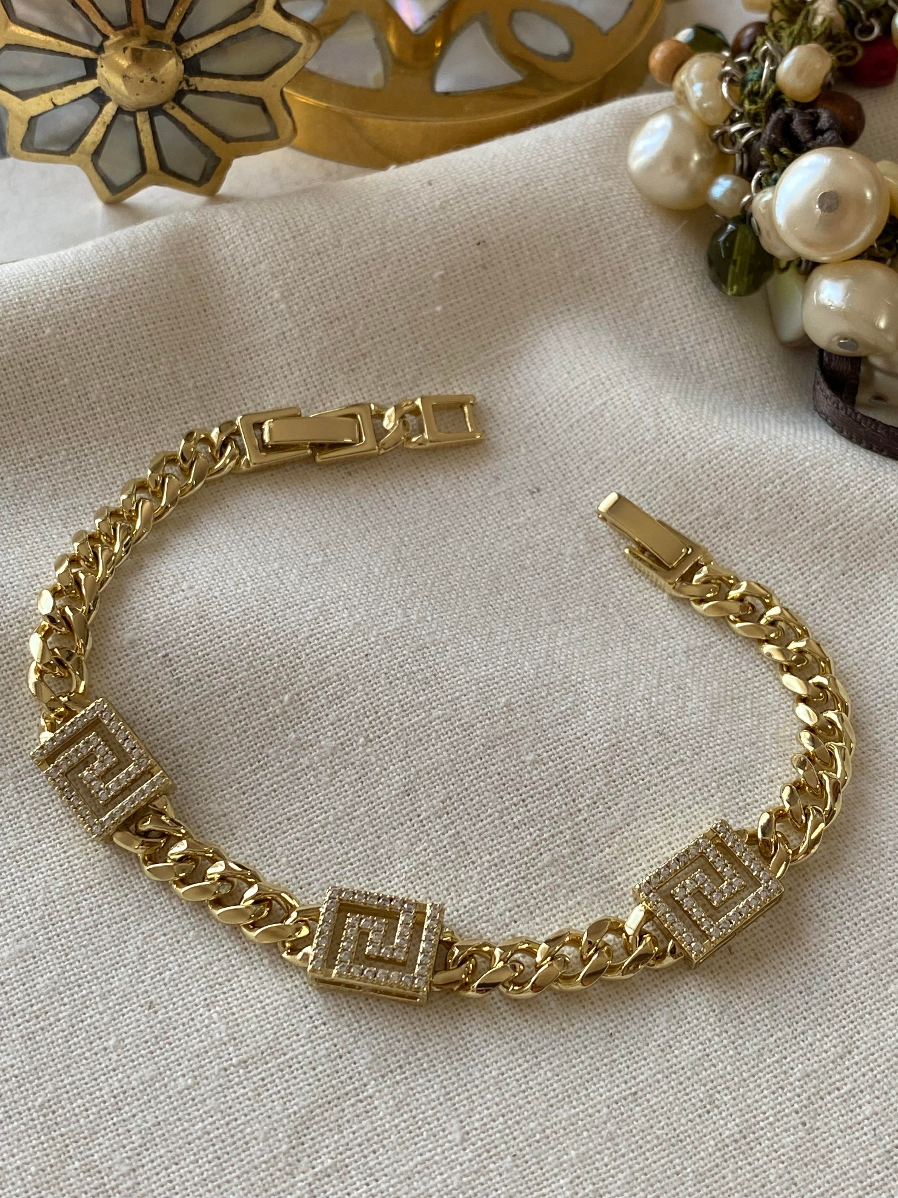 VIP 14K Üçlü Taşlı Labirent Plaka Detaylı Zincir Bileklik