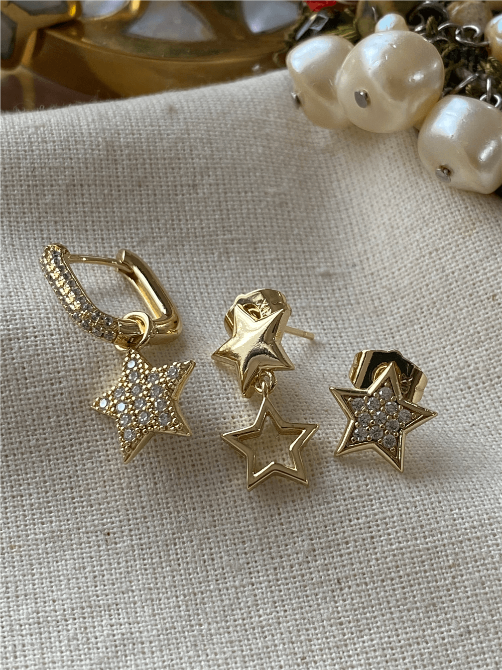 VIP 14K Üçlü Taşlı Yıldızlar Küpe Seti