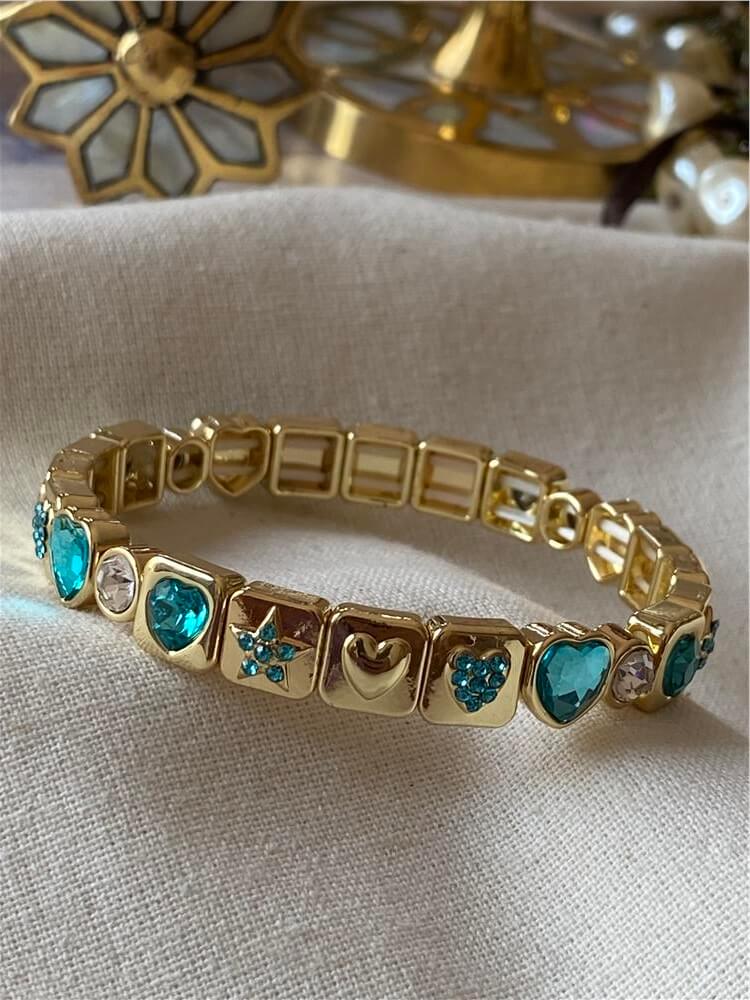 Yeşil Taşlı Yıldız ve Kalp Desenli Esnek Bileklik