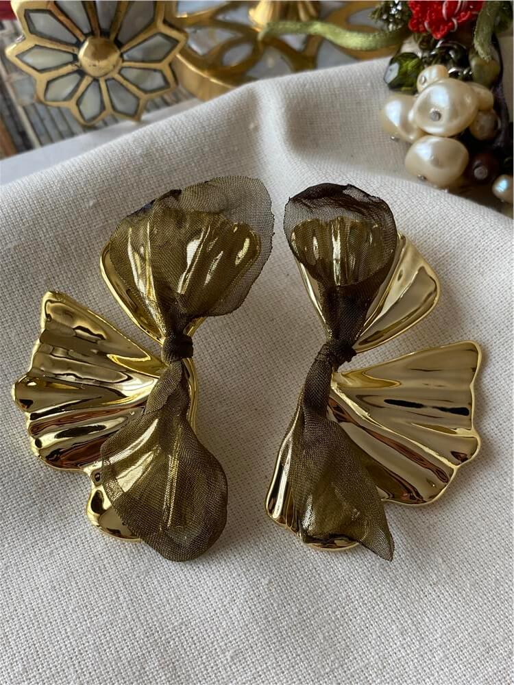 Yeşil Tüllü Gold Yaprak Model Küpe