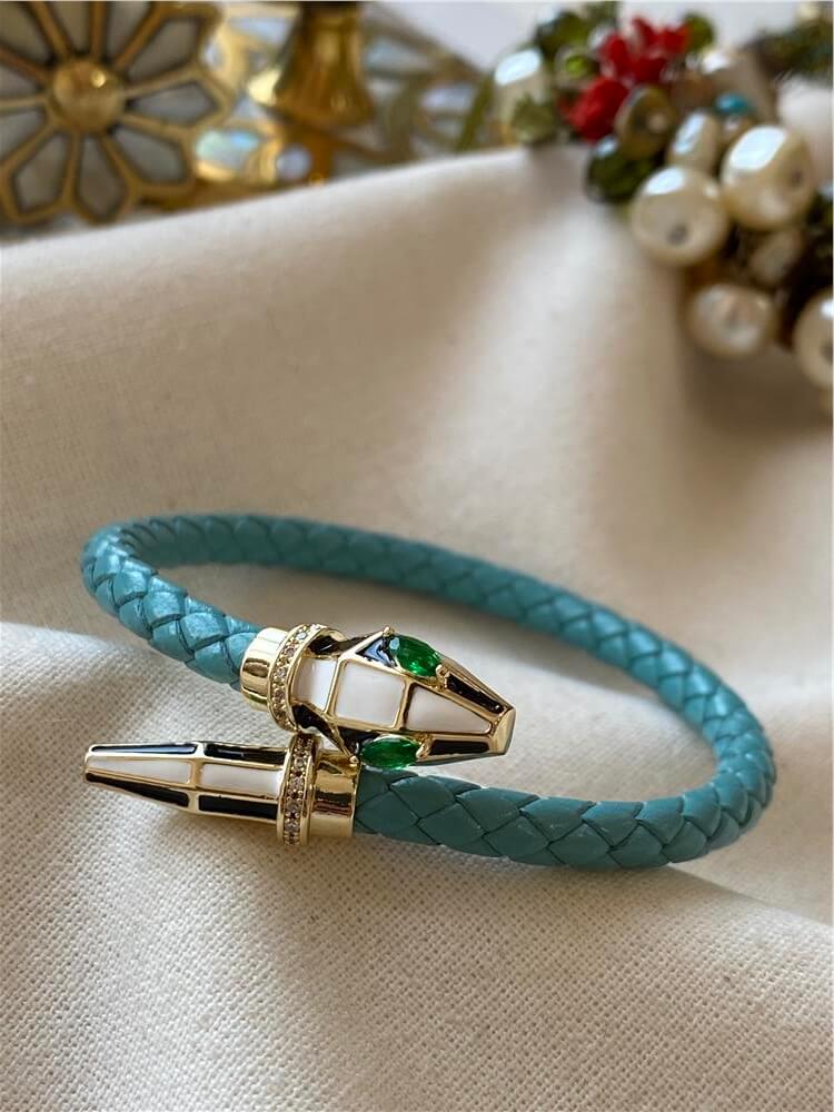 Yılan Detaylı Mavi Deri Bileklik