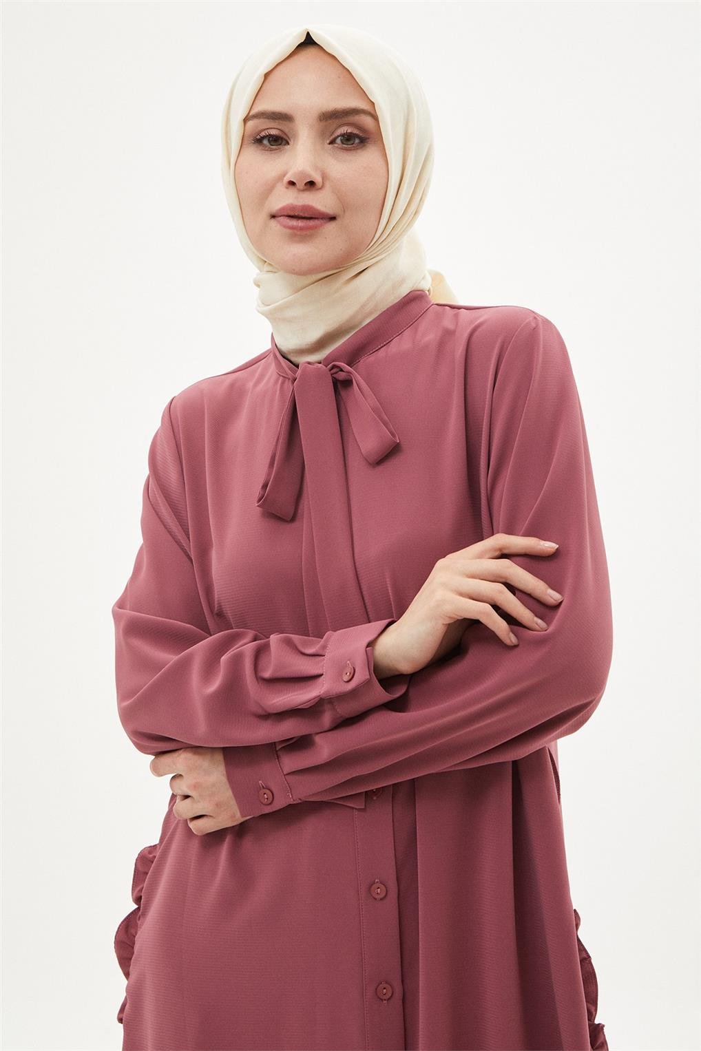 SİTARE 231034 REBECCA İPEKTEN KRAVATLI FIRFIRLI TUNİK- Gül