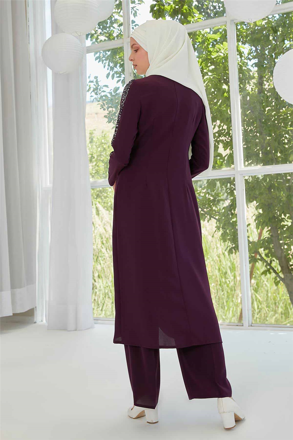 Sitare 2'li Kenarı İşlemeli Pantolonlu Takım 20Y414- Mürdüm