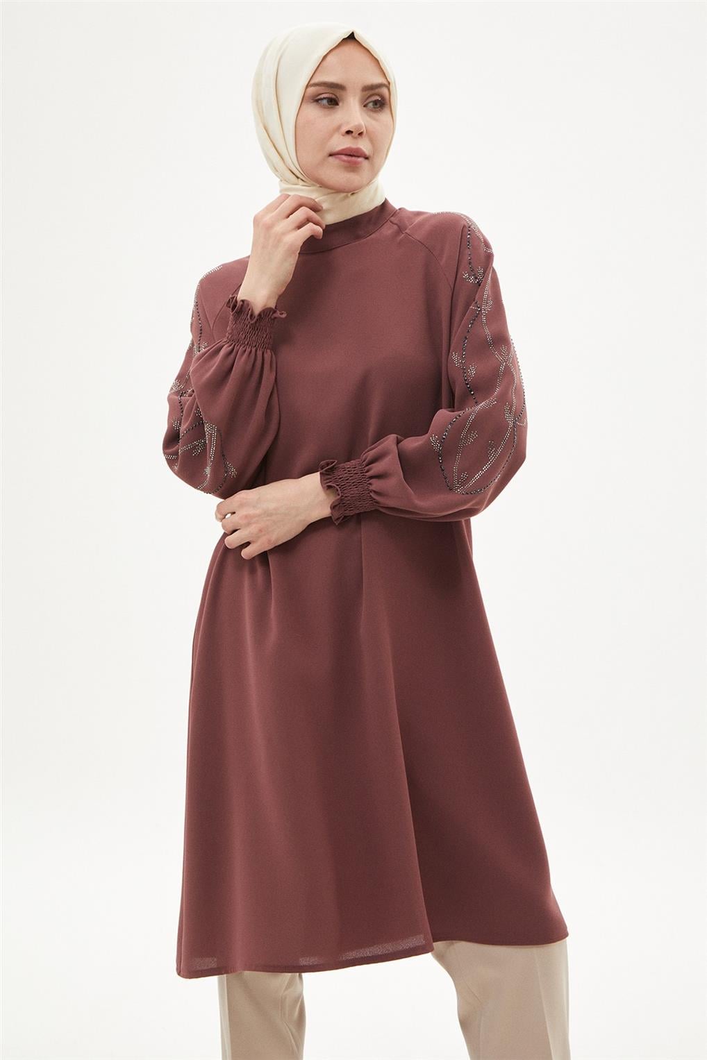 SİTARE 6012 KREP KOLU LASTİKLİ TUNİK 40-50- Gül