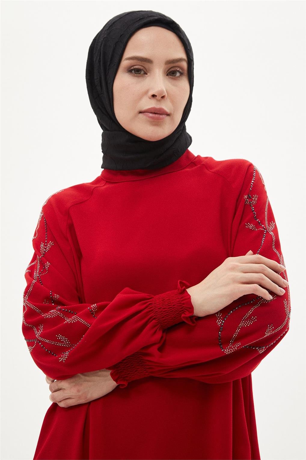 SİTARE 6012 KREP KOLU LASTİKLİ TUNİK 40-50- Kırmızı