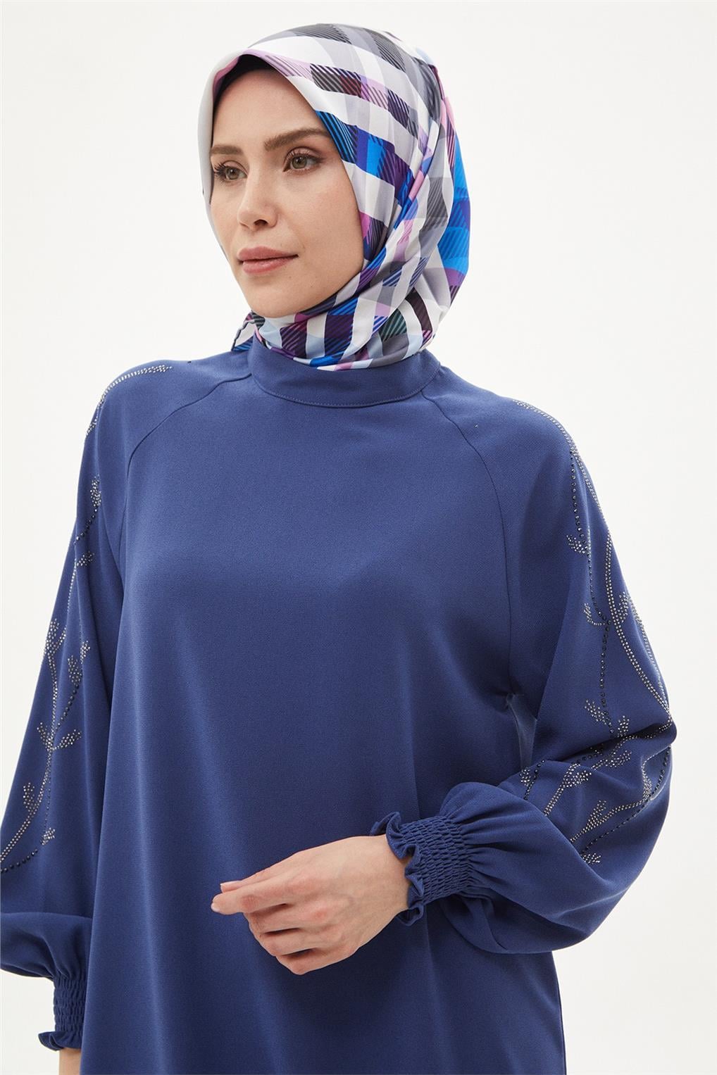 SİTARE 6012 KREP KOLU LASTİKLİ TUNİK 40-50- İndigo