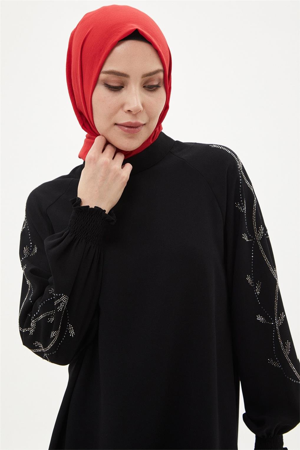 SİTARE 6012 KREP KOLU LASTİKLİ TUNİK 40-50- Siyah