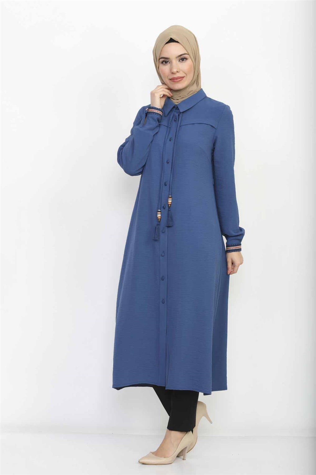 Sitare Arkası Nakışlı Ve Düğmeli Tunik 20Y2567- İndigo Koyu