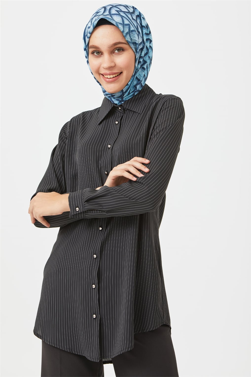 Sitare Çizgili Tunik- Siyah