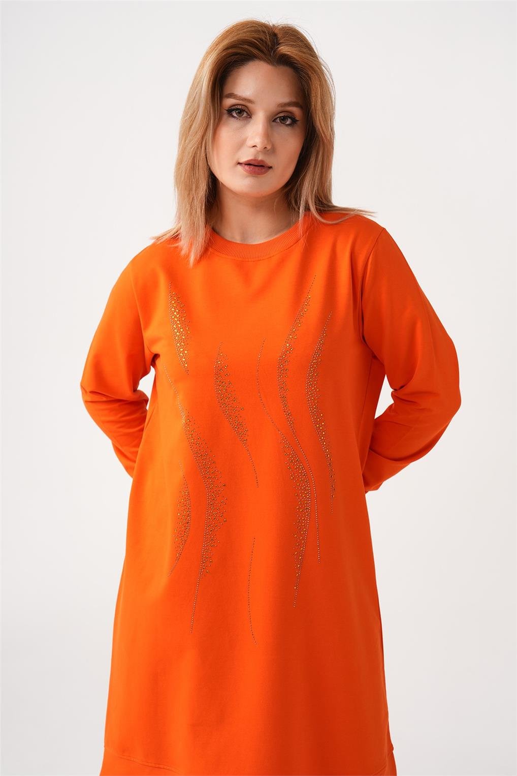 SİTARE DALGA TAŞLI İKİ İPLİK TUNİK 23841- Oranj