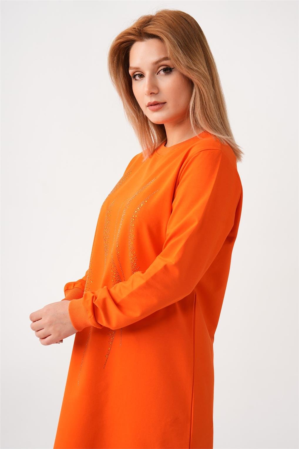 SİTARE DALGA TAŞLI İKİ İPLİK TUNİK 23841- Oranj