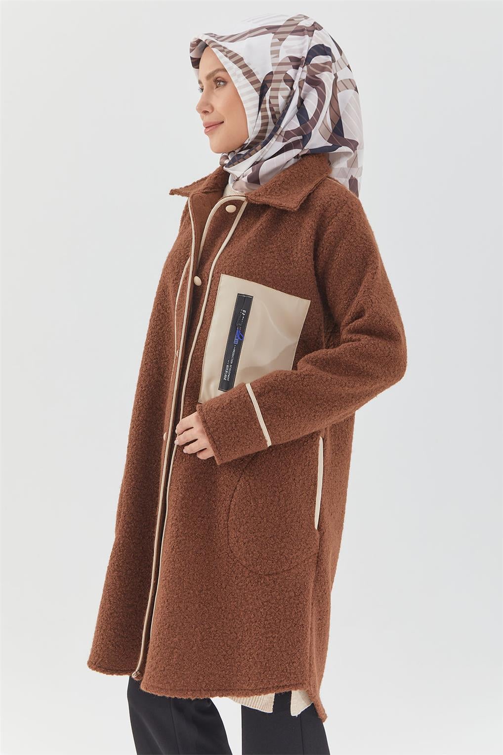 SİTARE DERİ BİYELİ PELUŞ CEKET 9604- Kahverengi
