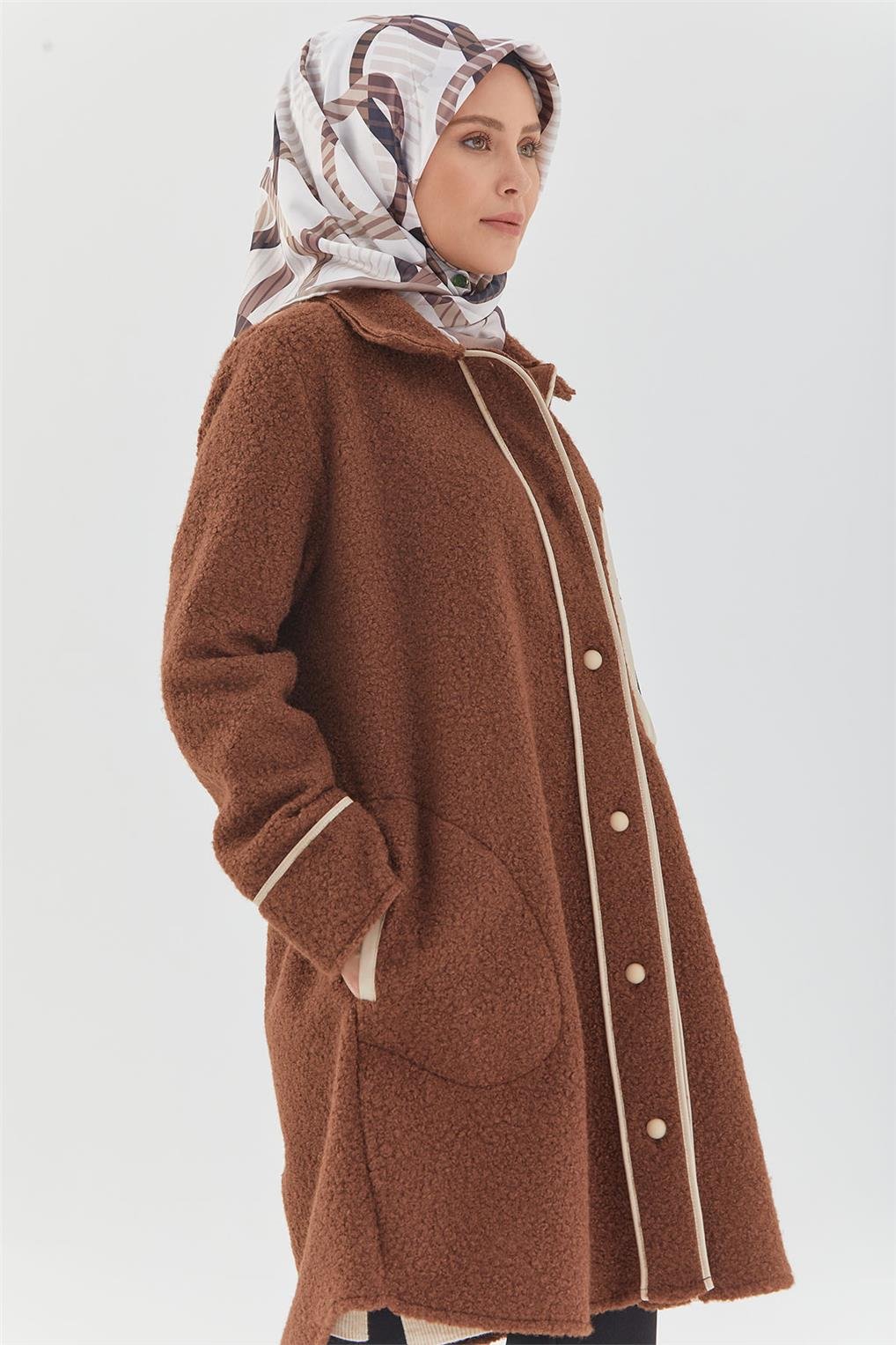 SİTARE DERİ BİYELİ PELUŞ CEKET 9604- Kahverengi