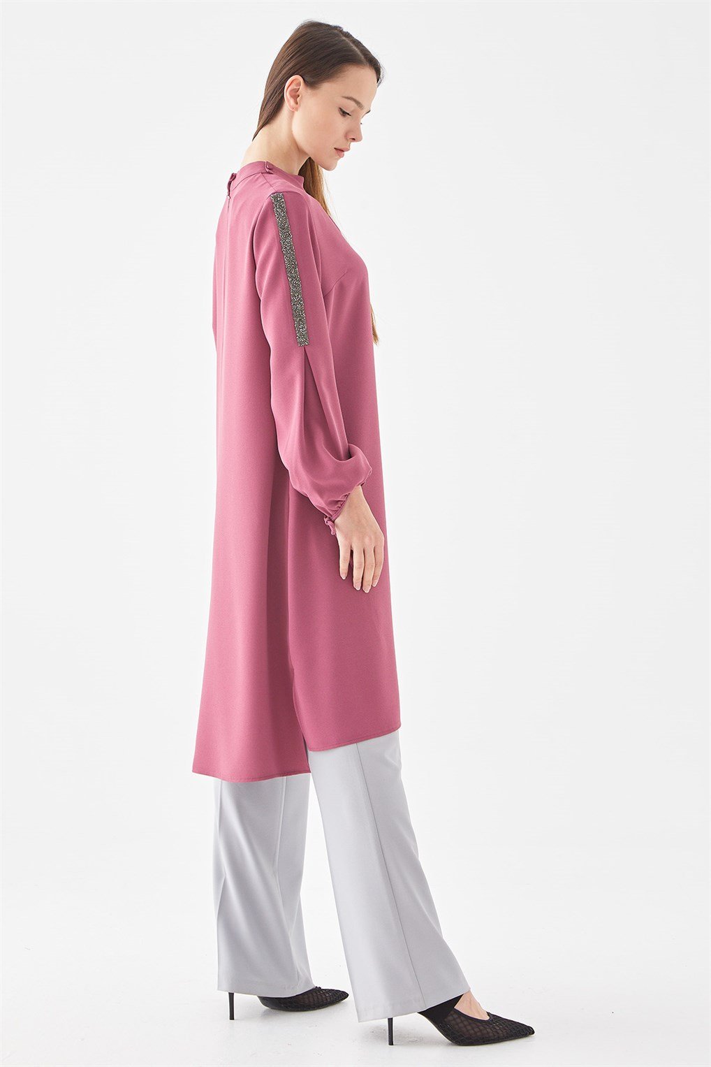 Sitare Fular Yakalı Krep Tunik 21Y944- Gül