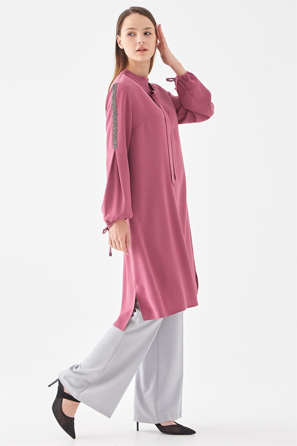 Sitare Fular Yakalı Krep Tunik 21Y944- Gül