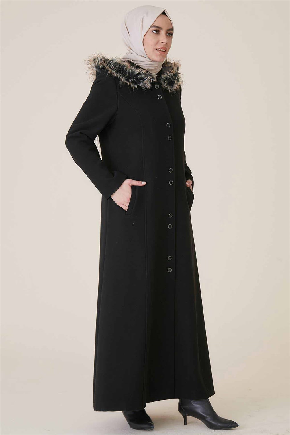 Sitare Kapşonlu Önü Çift Düğmeli Manto 20K726- Siyah