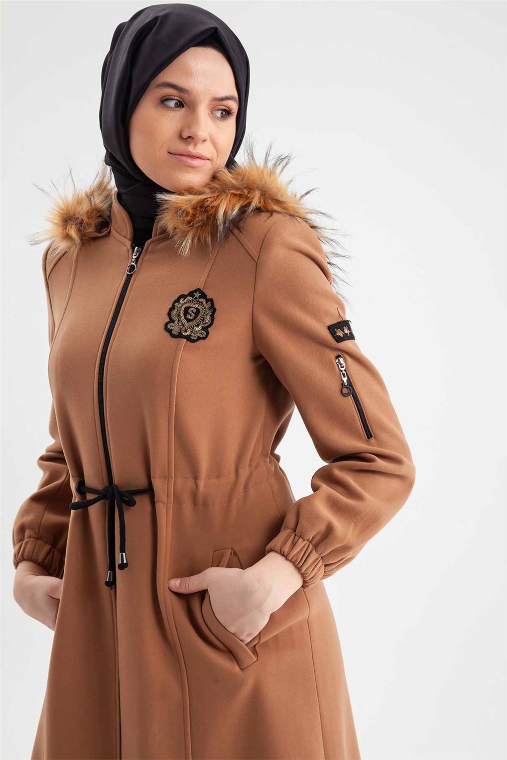 Sitare Kaşmir Kolu Fermuarlı Manto 21K2255- Camel