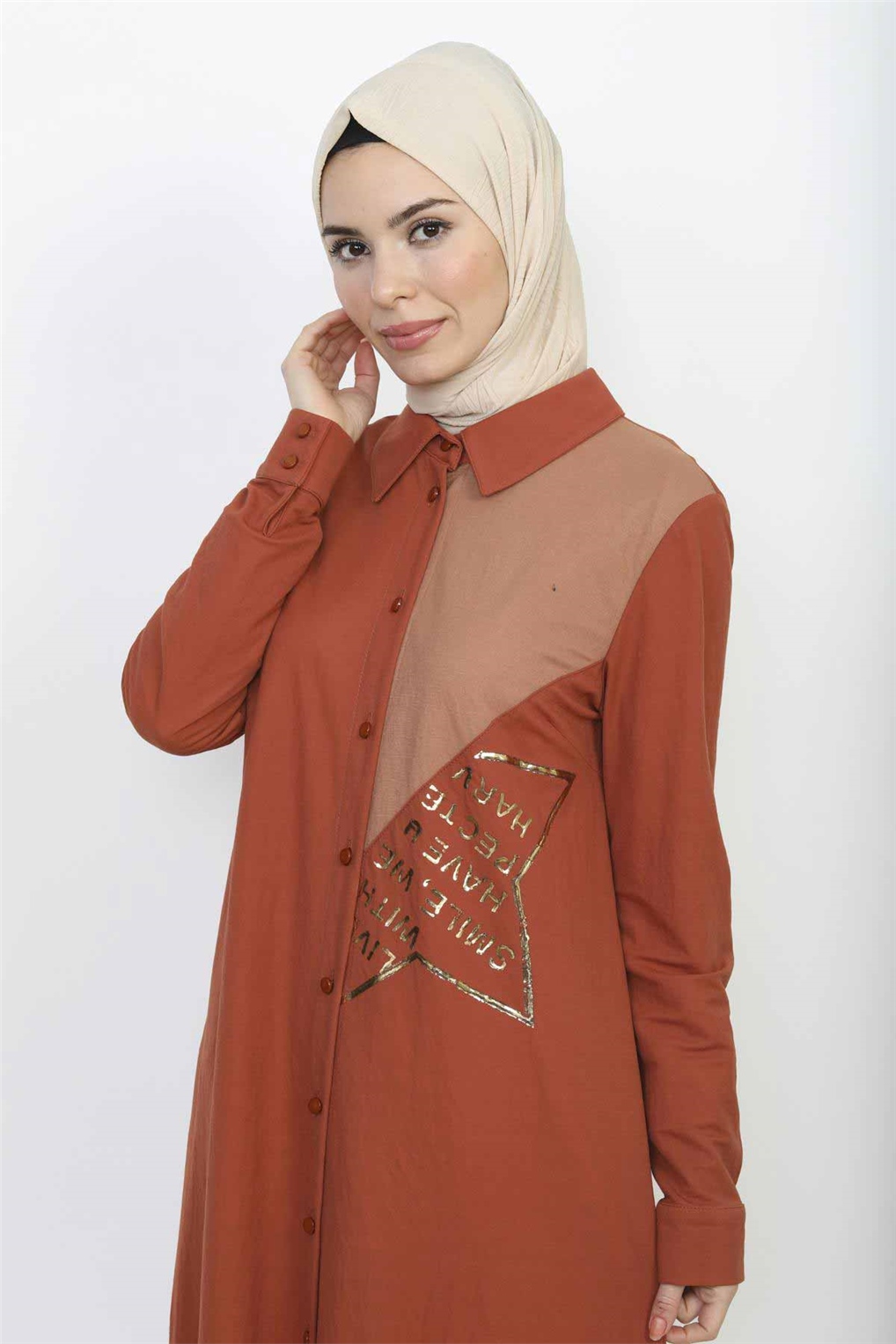 Sitare Kenarı Baskılı Tunik 20Y384- Kiremit