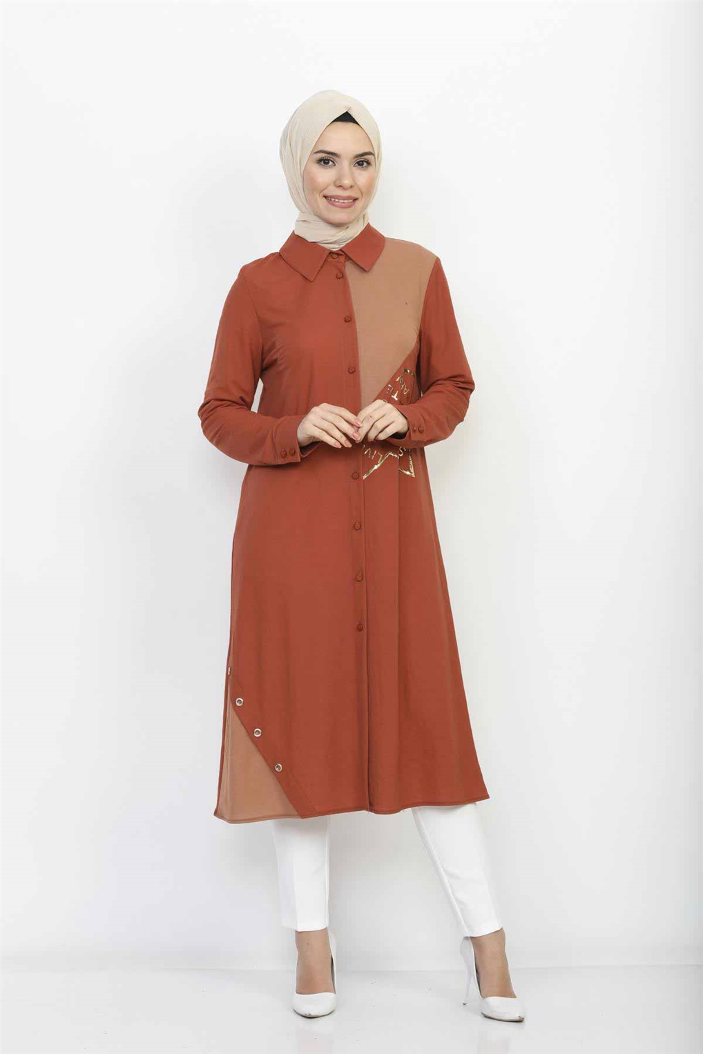 Sitare Kenarı Baskılı Tunik 20Y384- Kiremit