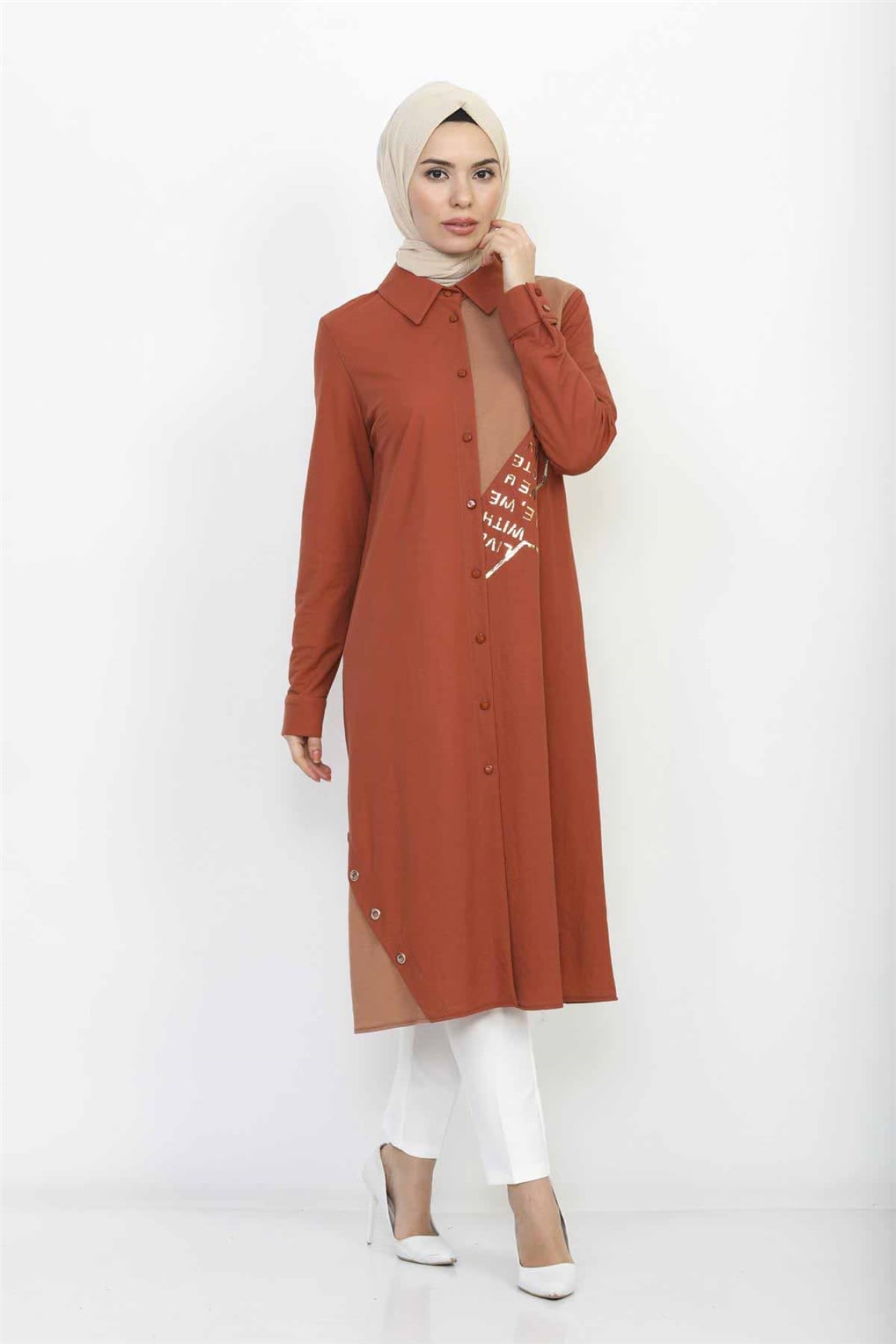 Sitare Kenarı Baskılı Tunik 20Y384- Kiremit