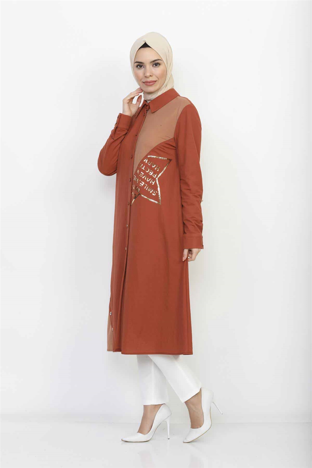 Sitare Kenarı Baskılı Tunik 20Y384- Kiremit