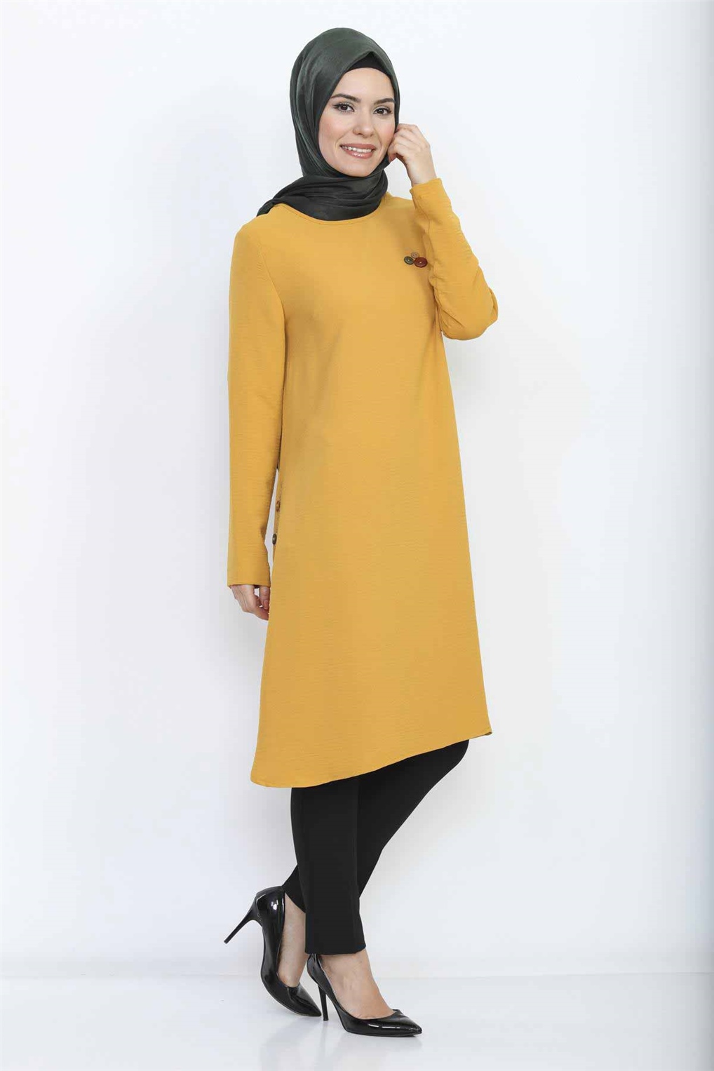 Sitare Kenarları Düğmeli Tunik 20Y421- Hardal