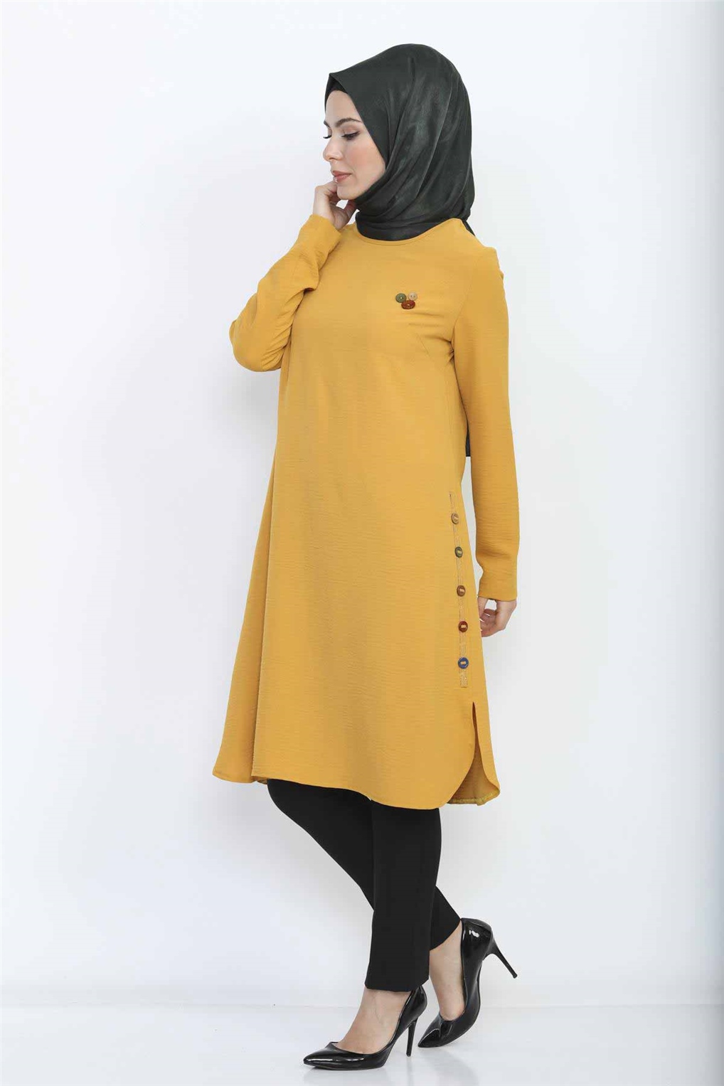 Sitare Kenarları Düğmeli Tunik 20Y421- Hardal