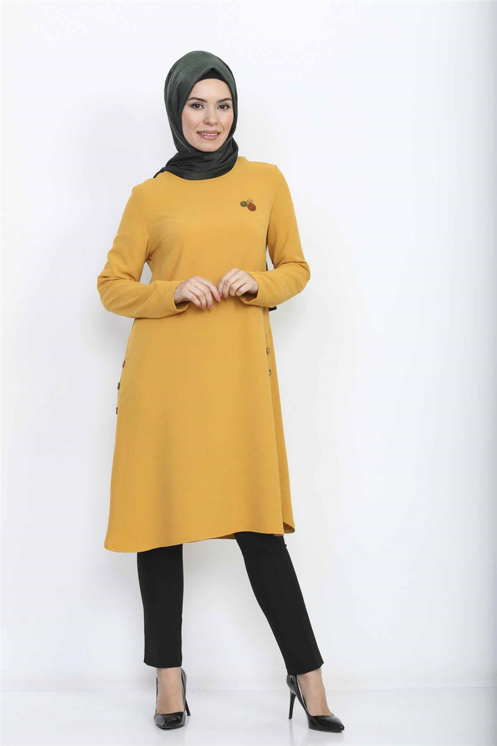Sitare Kenarları Düğmeli Tunik 20Y421- Hardal
