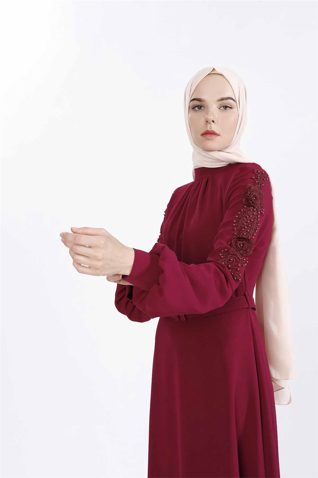 Sitare Kolları Nakışlı Balon Kol Elbise 19Y5192- Fuşya