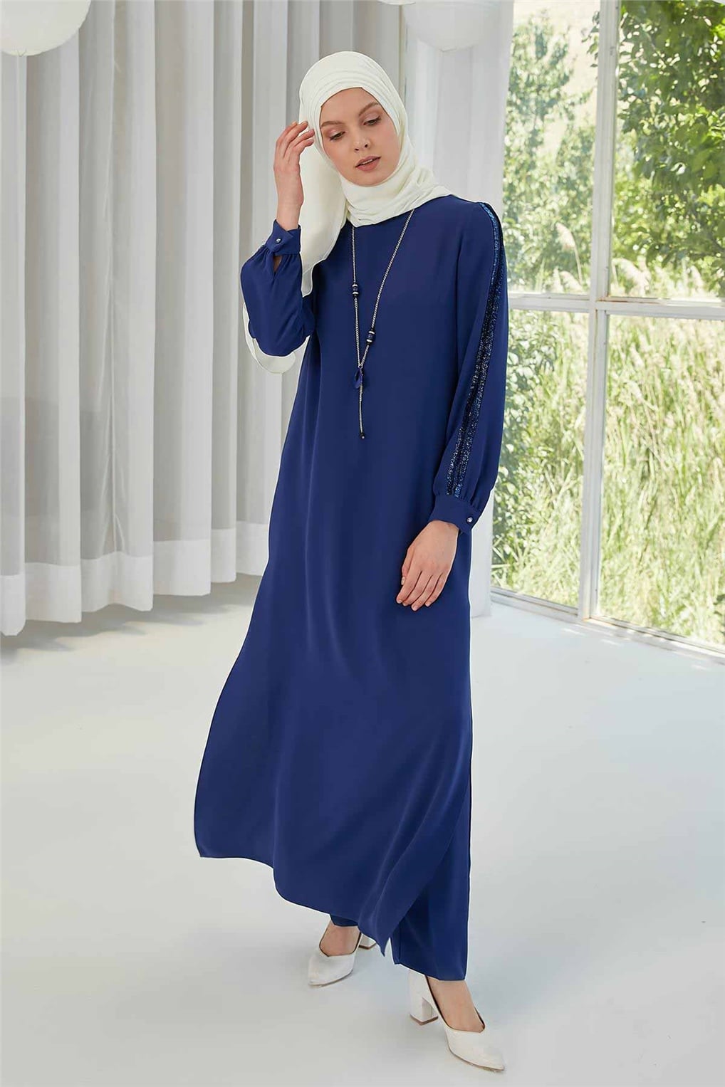 Sitare Kolları Taşlı Şeritli Tunik Takım 20YTN20Y464- Saks