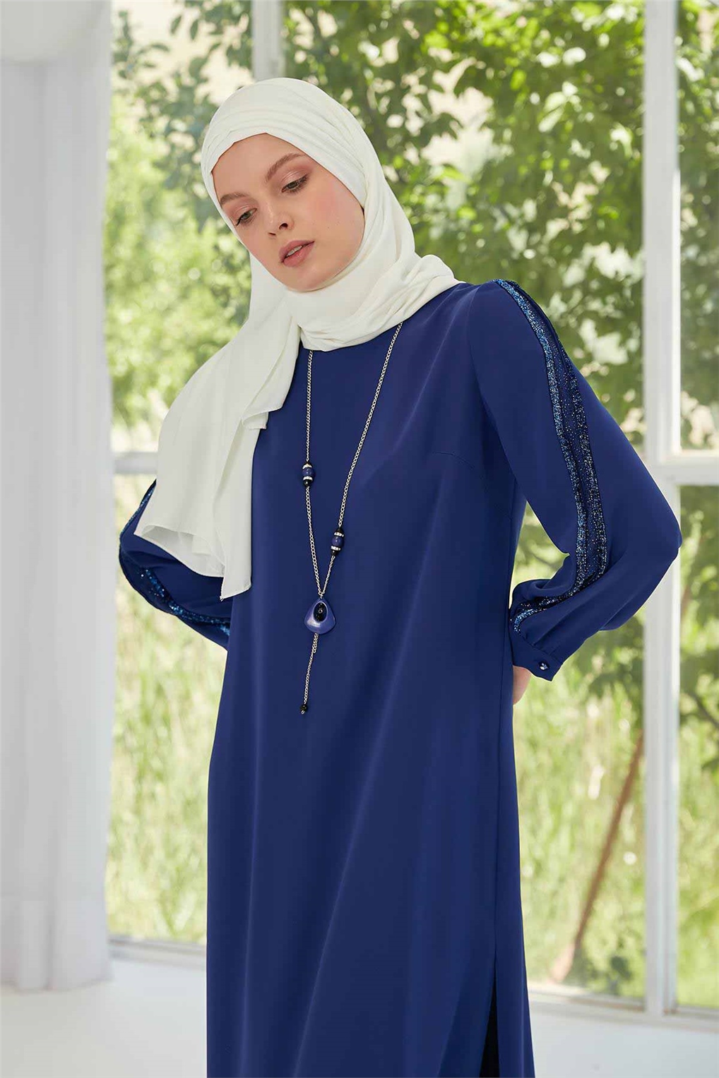 Sitare Kolları Taşlı Şeritli Tunik Takım 20YTN20Y464- Saks