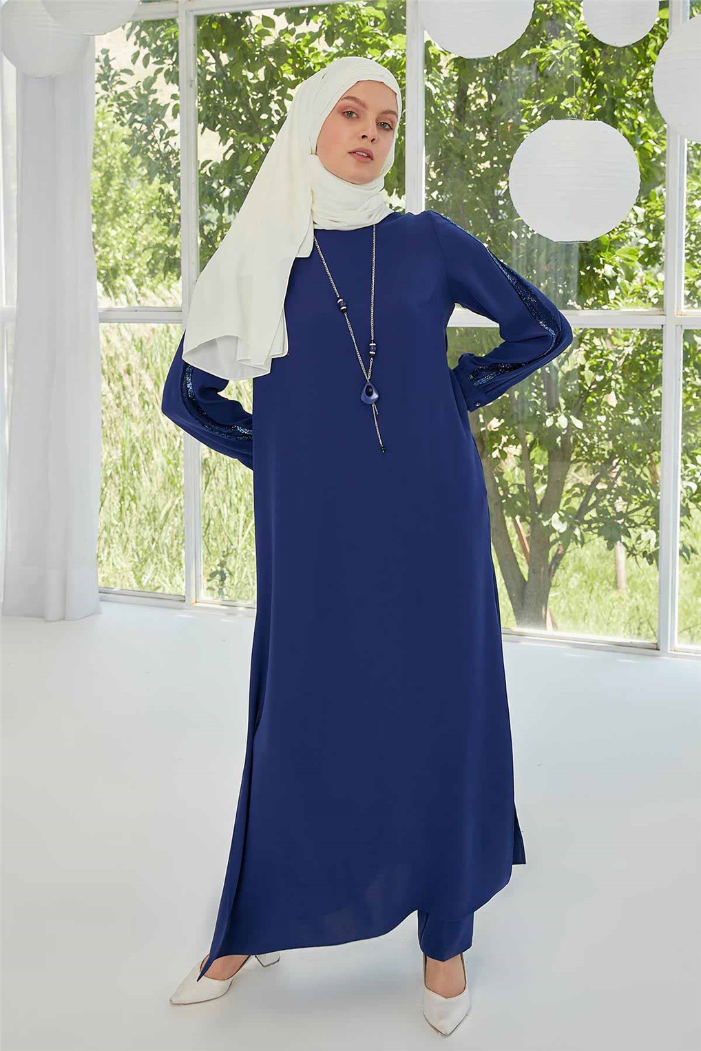 Sitare Kolları Taşlı Şeritli Tunik Takım 20YTN20Y464- Saks