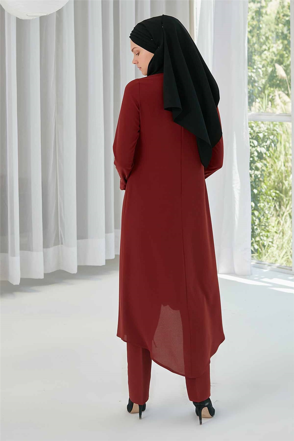 Sitare Kolları Ve Önü Taşlı Nakışlı İkili Takım 20YİT20Y462- KİREMİT KOYU