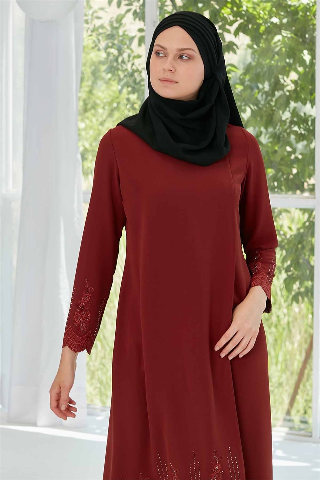 Sitare Kolları Ve Önü Taşlı Nakışlı İkili Takım 20YİT20Y462- KİREMİT KOYU