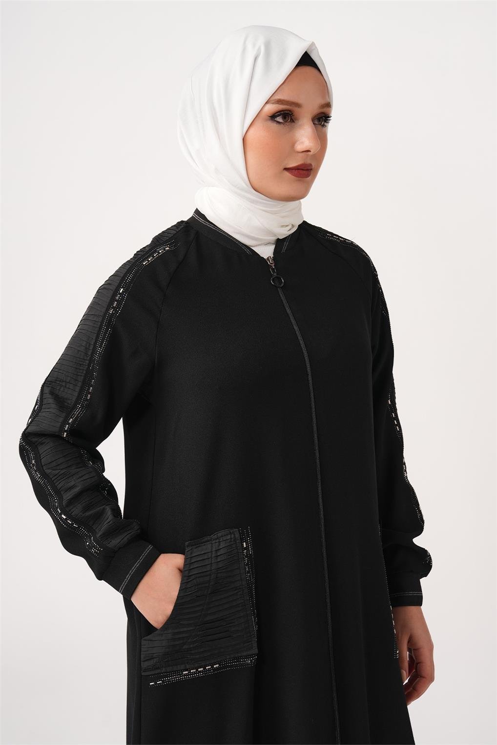 SİTARE KOLU VE CEBİ SATEN KAP 1138- Siyah