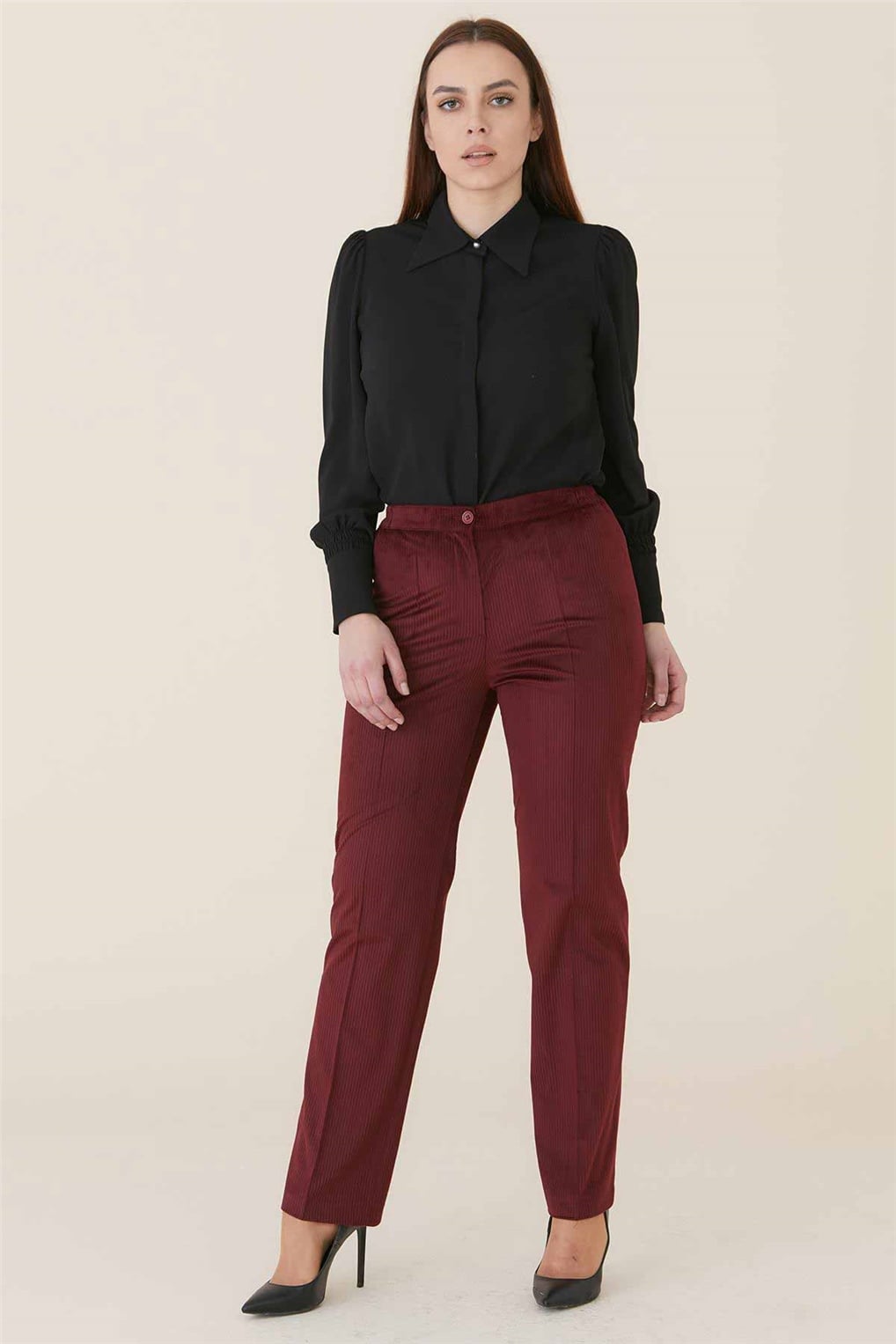 Sitare Lastikli Kadife Pantolon 4001-K- Bordo