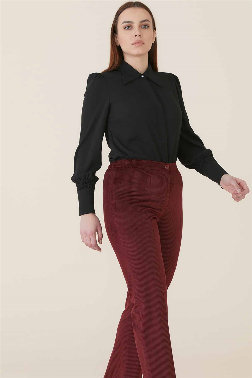 Sitare Lastikli Kadife Pantolon 4001-K- Bordo