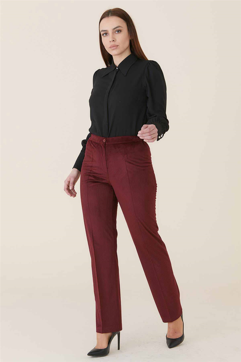 Sitare Lastikli Kadife Pantolon 4001-K- Bordo