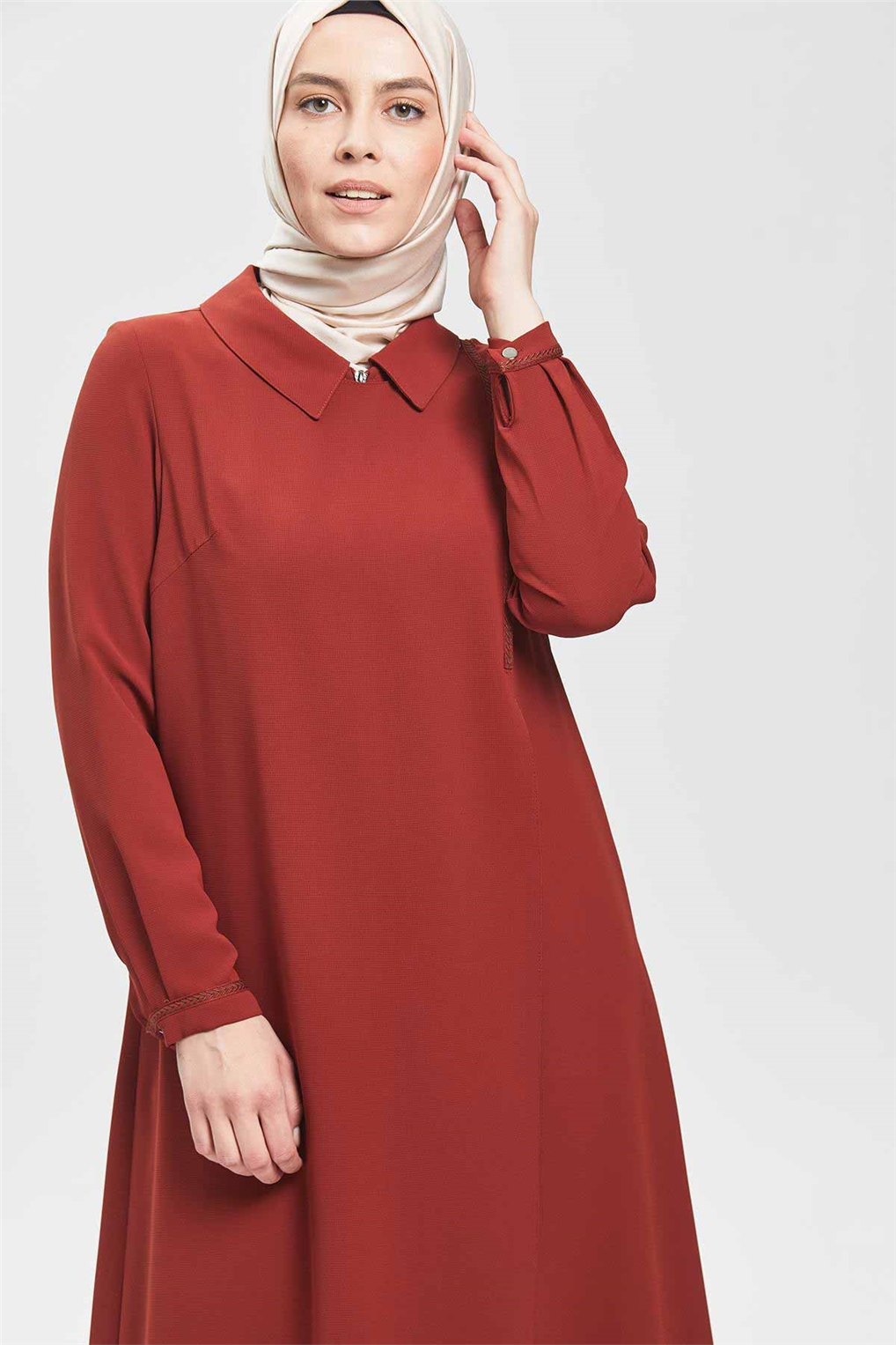 Sitare Patı Şeritli Ferace 20YFRC1044-1- KİREMİT KOYU